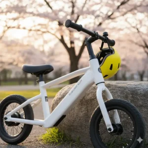 Lightweight, durable aluminum frame design for a toddler electric bike, ensuring easy handling.