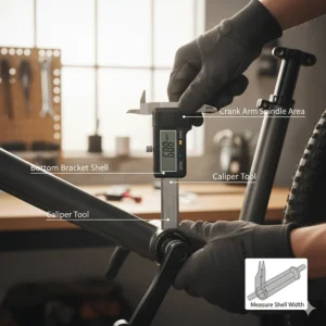 Technical illustration detailing how to measure a bike's bottom bracket to ensure compatibility with a mid drive electric bike kit.