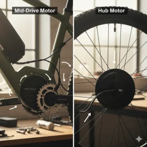 Comparison graphic illustrating the differences between a mid drive motor and a hub motor for an electric bike kit.