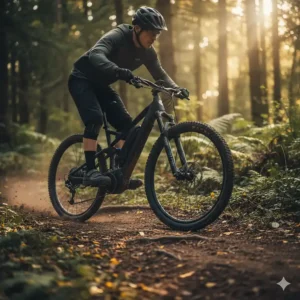 Action shot of a mountain bike successfully converted using a robust mid drive electric bike kit riding on an off-road trail.