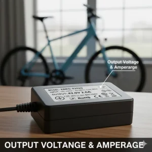 Clear label showing the specific output voltage and amperage (e.g., 42V output for a 36V system) on the ebike battery charger.