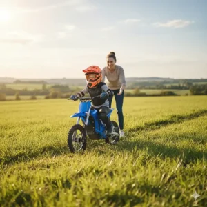 A parent supervising a young rider on a beginner electric dirt bike for kids in a grassy area.