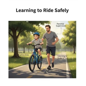 A parent supervising their 10-year-old practicing braking and turning on an electric bike in a safe, low-traffic environment.