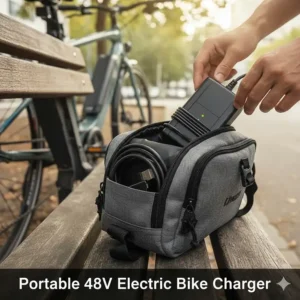 The small and portable 48V electric bike charger fits easily inside a backpack for travel.