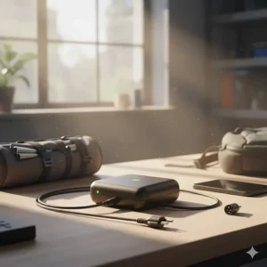 A small, compact, and lightweight portable electric bike charger, ideal for commuters and riders needing to recharge on the go.