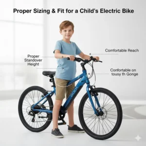 A visual guide demonstrating the correct standover height and size for an electric bike for a 10-year-old to ensure safe handling.