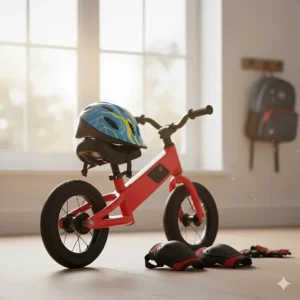 Essential protective gear, including a helmet and knee pads, next to a small electric balance bike.