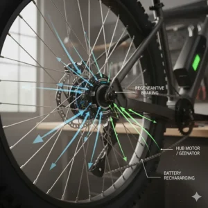 Conceptual graphic showing the energy flow during regenerative braking in an electric bike wheel with a hub motor.