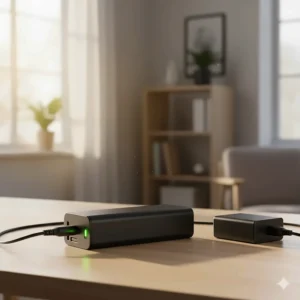Image of a removable lithium-ion e-bike battery placed on a table and connected to its electric bike charger indoors.