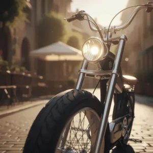 The large, retro-style LED headlight mounted on the front of the electric chopper bike for improved night visibility.