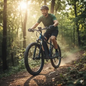 A cyclist effortlessly climbing a steep, rocky hill using the pedal assist on their 26 inch electric bike.
