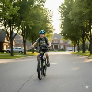 12 year old boy safely riding his new electric bike on a neighborhood street.