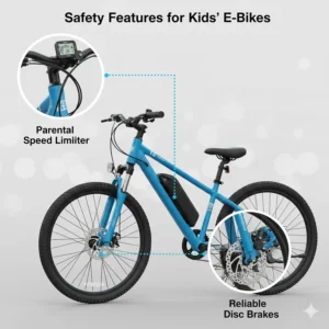 Diagram highlighting essential safety features on electric bikes for 10-year-olds, including parental speed limiter controls and reliable disc brakes.