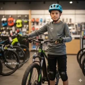 Graphic of a boy with an electric bike helmet, knee pads, and gloves, illustrating safety gear.