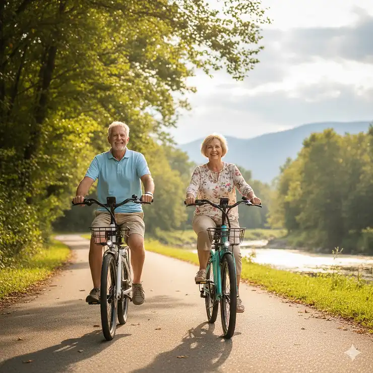 Happy senior couple riding electric bikes on a scenic trail, highlighting the joy of active retirement.