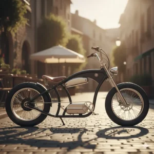 Full side view of the electric chopper bike, highlighting the extended fork and low-slung frame design.