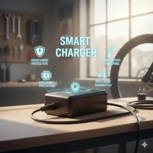 Graphic depicting a smart electric bike charger with icons representing its key safety features like overcharge protection and temperature monitoring.