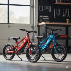 Side-by-side view comparing the size of the STACYC 12eDrive and the 16eDrive electric balance bike models for different age groups.