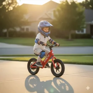 A 4-year-old on a small STACYC 12eDrive electric bike learning to balance in a paved driveway.