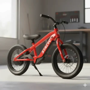 Close-up view of the STACYC 16eDrive electric balance bike in red, highlighting the lightweight aluminum frame and 16-inch wheels.