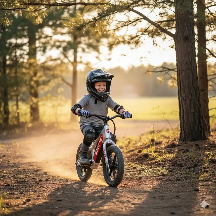 A young child in a helmet and gear safely riding a STACYC electric bike on a dirt path, showing the low seat height and foot platforms.