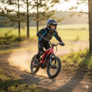 An advanced young rider standing on the foot pegs of their STACYC electric bike, enjoying a dirt trail ride.