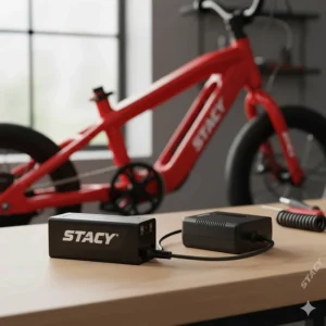 A clear shot of the easily removable lithium-ion battery pack for the STACYC bike, next to the charger.