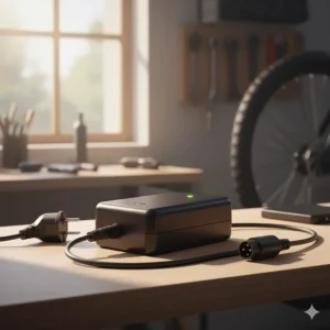 Illustration of a basic, standard electric bike charger, typically a black brick-style AC adapter, used for safe, everyday e-bike battery charging.