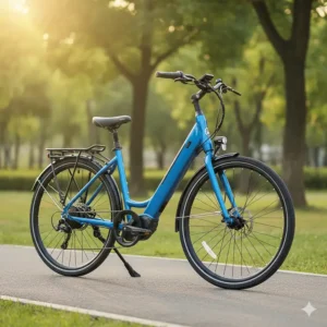 A convenient low-step-through frame design on a blue 26 inch electric bike for easy mounting and dismounting.