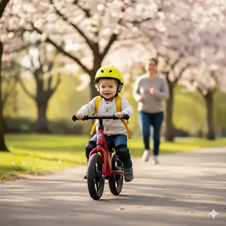 Beginner toddler learning balance on an electric balance bike with feet close to the ground.
