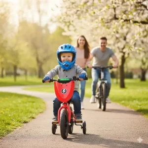 Toddler riding a safe electric bike with training wheels and helmet in a park.
