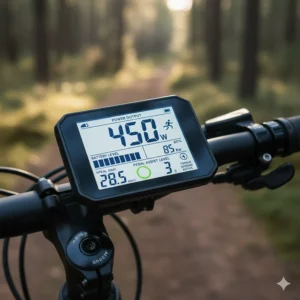 Digital display of a premium torque-sensing mid drive kit, showing the power output and battery level.