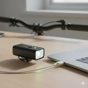 Image of a compact, USB-rechargeable electric bike light being plugged into a charging port.