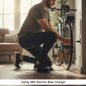 Cyclist plugging the electric bike charger 48V into a standard wall outlet.