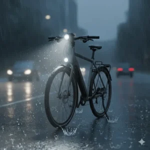 Durable, weather-resistant electric bike light mounted on a handlebar, performing effectively while riding in the rain.