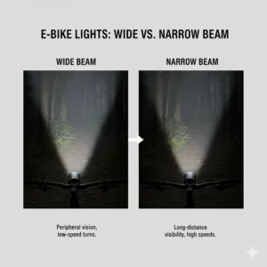 Illustration comparing a wide beam pattern for peripheral vision versus a narrow, long-throw beam pattern from an electric bike light.