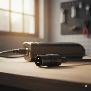 Close-up view of a common 3-pin XLR connector used on many electric bike chargers to ensure a secure connection.