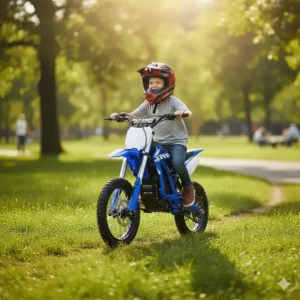 Happy young boy riding an electric bike confidently in a grassy park setting.