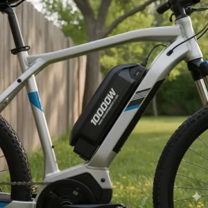 High-capacity lithium-ion battery pack essential for the range of a 1000W electric bike.