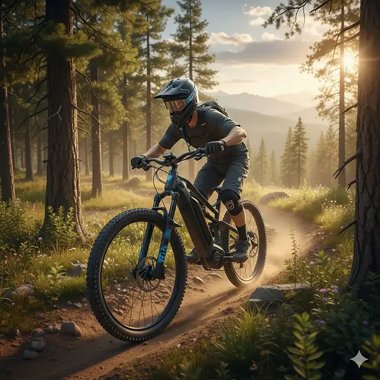 Powerful 1000 watt electric bike ascending a steep, scenic trail with pedal assist.