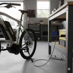 Charging a 1000 watt electric bike battery at a standard household outlet after a long-range trip.