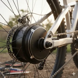 Close-up view of a robust 1000 watt electric bike hub motor, highlighting its power and design.