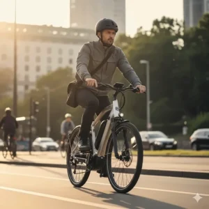 A rider using a 1000 watt electric bike for daily commuting on city streets, easily tackling hills.