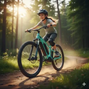 A young rider on a durable, all-terrain electric bike for 13 year olds navigating an easy dirt trail or grassy area.