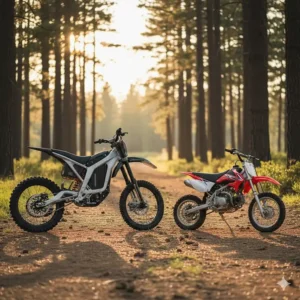 Side-by-side comparison of the 2000w electric dirt bike next to a standard youth dirt bike.