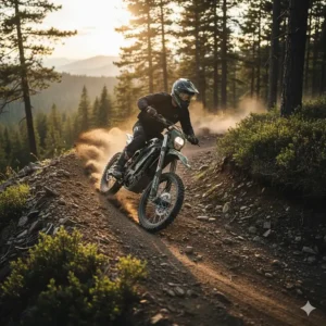 Rider enjoying a high-speed blast on the 2000w dirt bike along a rugged mountain trail.