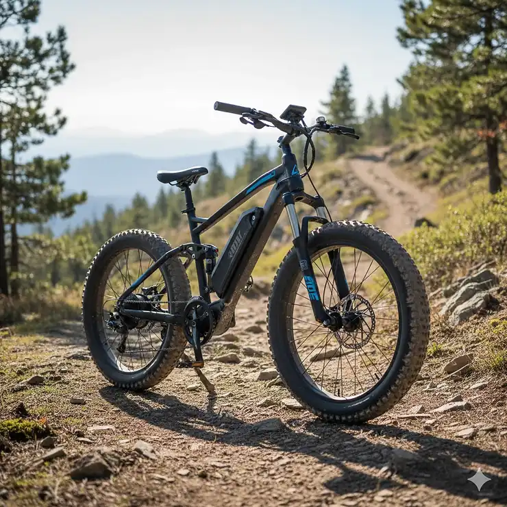 Powerful 2000W dual motor electric bike with fat tires on a rugged trail, showcasing full suspension and design.