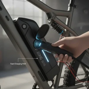 Close-up of the fast-charging port on a 2000w electric bike, showing its weather-sealed design.