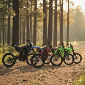 Lineup displaying various available colors and designs for the new 2000w electric dirt bike model.