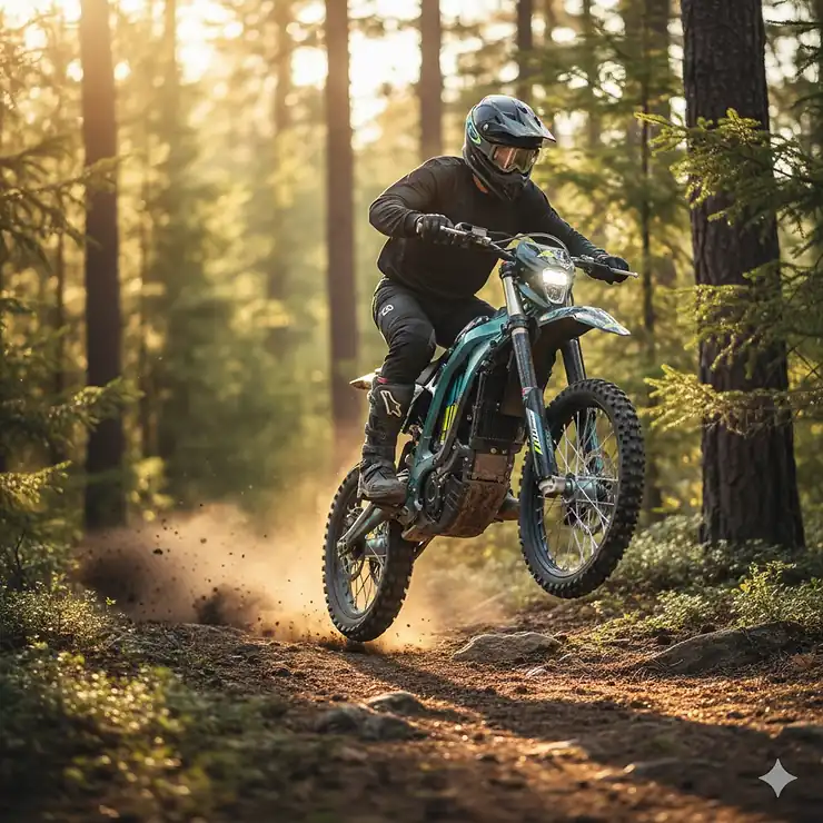 Powerful 2000w electric dirt bike rider mid-jump on a forest trail.